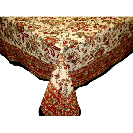 Square Inches - Hand Block Print Cotton Floral Tablecloth Square Earthen 60 x 60 inches