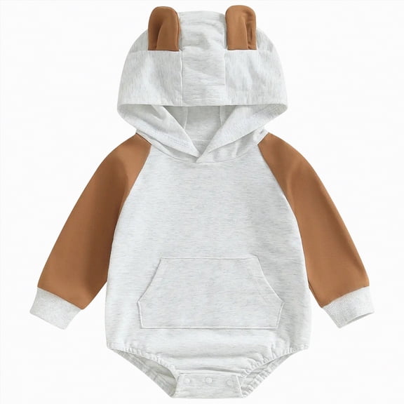 mgoYE My First Easter Baby Boy Girl Outfit Long Ear Bunny Romper Sweatshirt Hooded Bubble Onesie Color Block(Brown,3-6 Months)