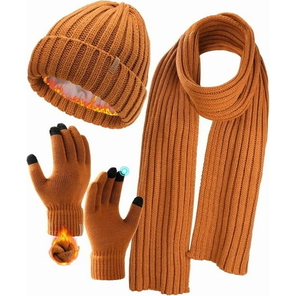 Winter Warm Beanie Knit Hat Touchscreen Gloves Scarf Set Soft Fleece Lined Double Layer Skull Cap Gifts for Women