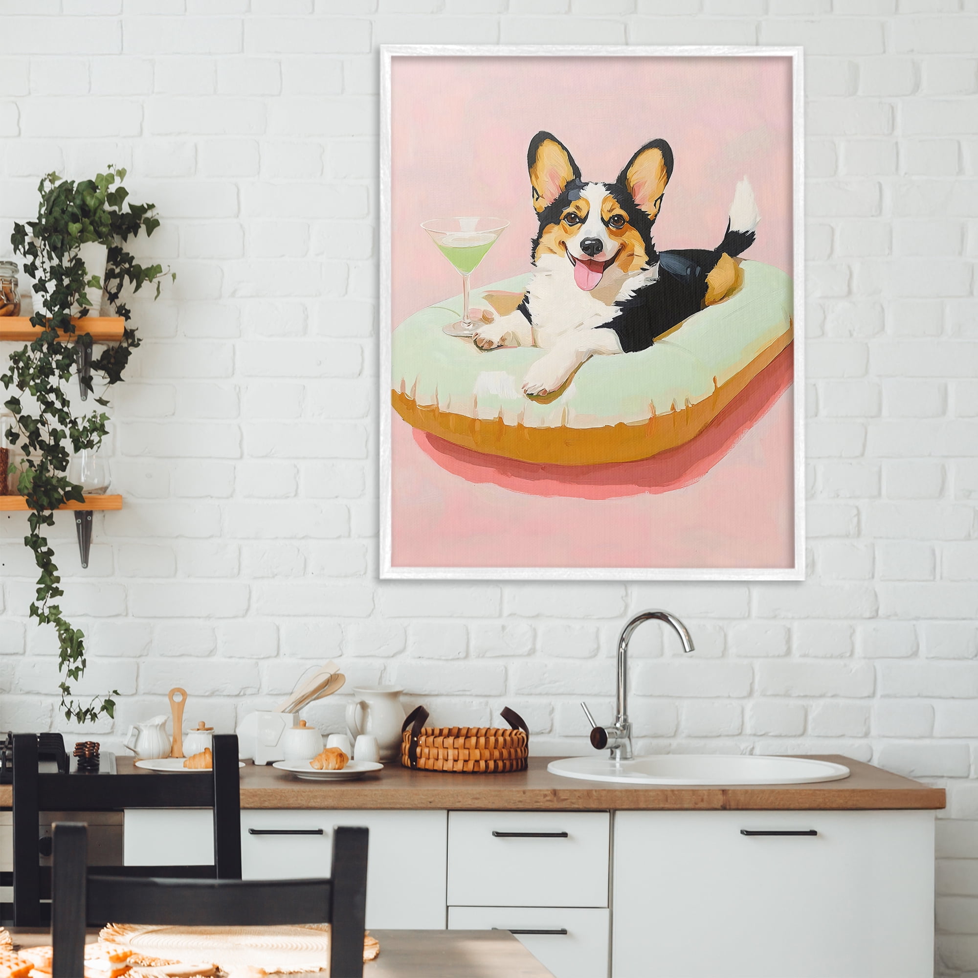 Stupell Industries Pastel Corgi with Cocktail White Framed Giclee Art, design by The Prints Vibe
