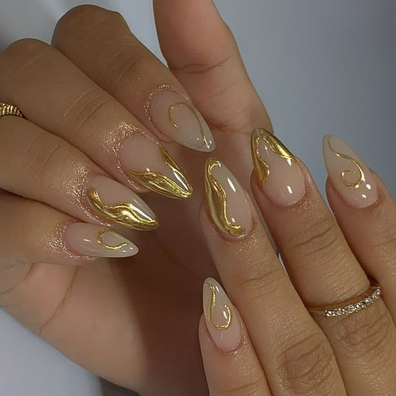 KUFptva French Tip Press on Nails Glossy False Nails Almond Artificial Nails with Irregular Metal Line Designs Manicure 24Pcs