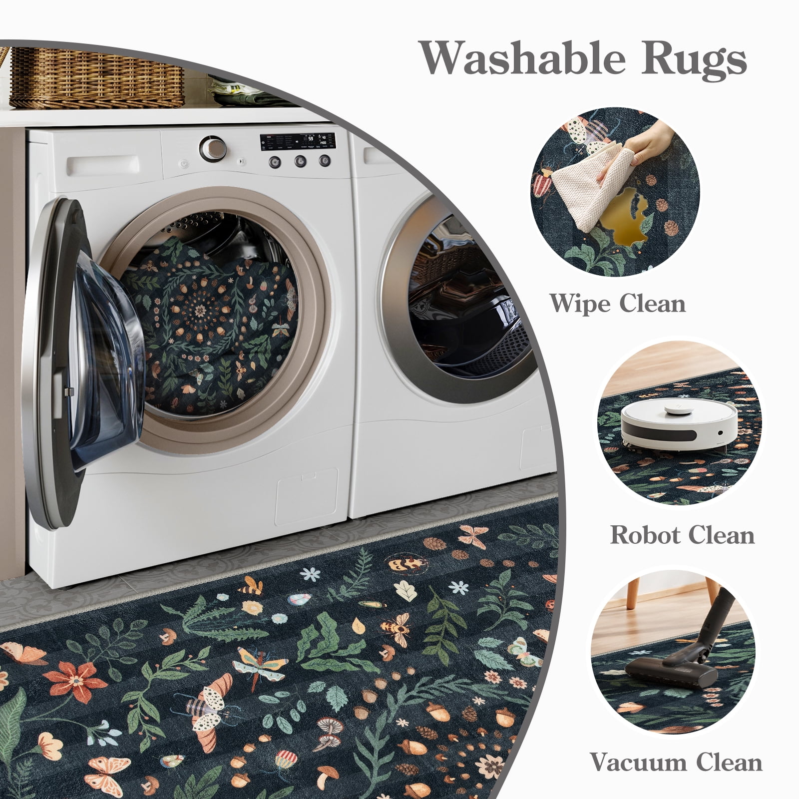 Wonnitar 2x3 Insect Floral Small Rugs for Entryway, Washable Black Boho Door Mat Indoor Entrance, Soft Non-Slip Indoor Carpet for Laundry Bathroom