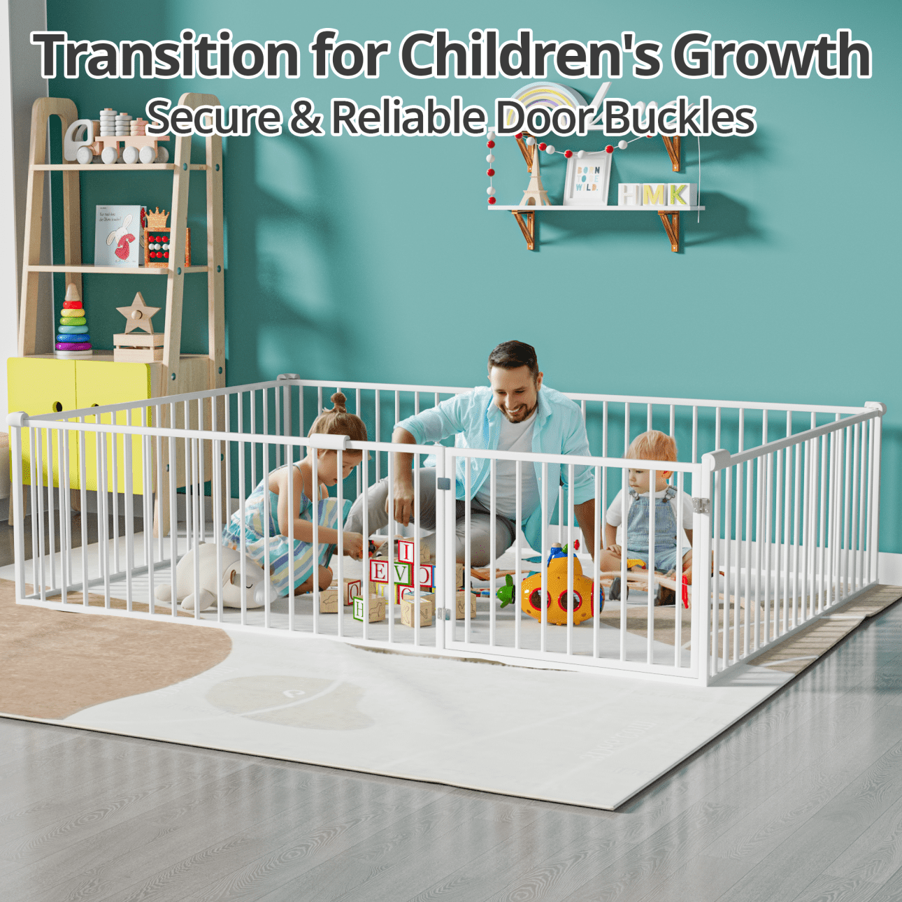 Full Montessori Floor Bed with 20.6" High Safety Fence & Anti-Collision Cotton, Durable Metal Frame for Toddlers' Sleep & Play, White
