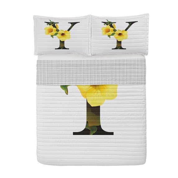 Letter Y Reversible Bedspread Set, Bell Flower Natural Representation in Abstract Design Nature Themed Print, Pillow Shams & Comforter Microfiber Bedding Set, 3 Sizes, Yellow Green Black, by Ambesonne