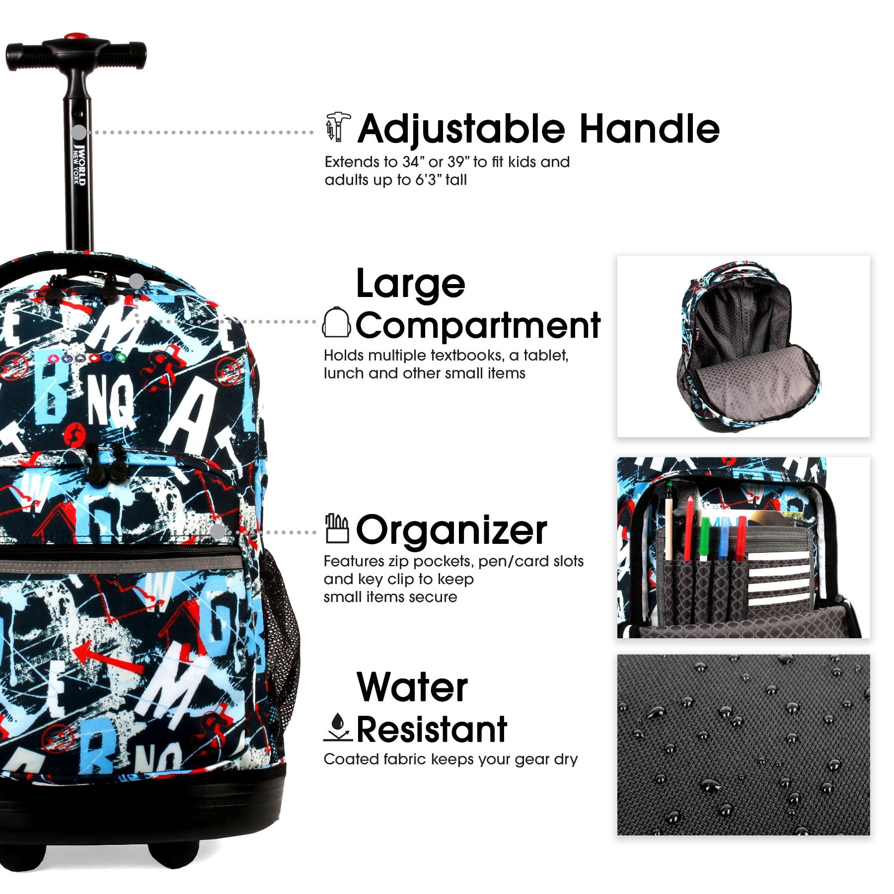 J World Boys and Girls Sunrise 18" Rolling Backpack for School and Travel, Graffiti