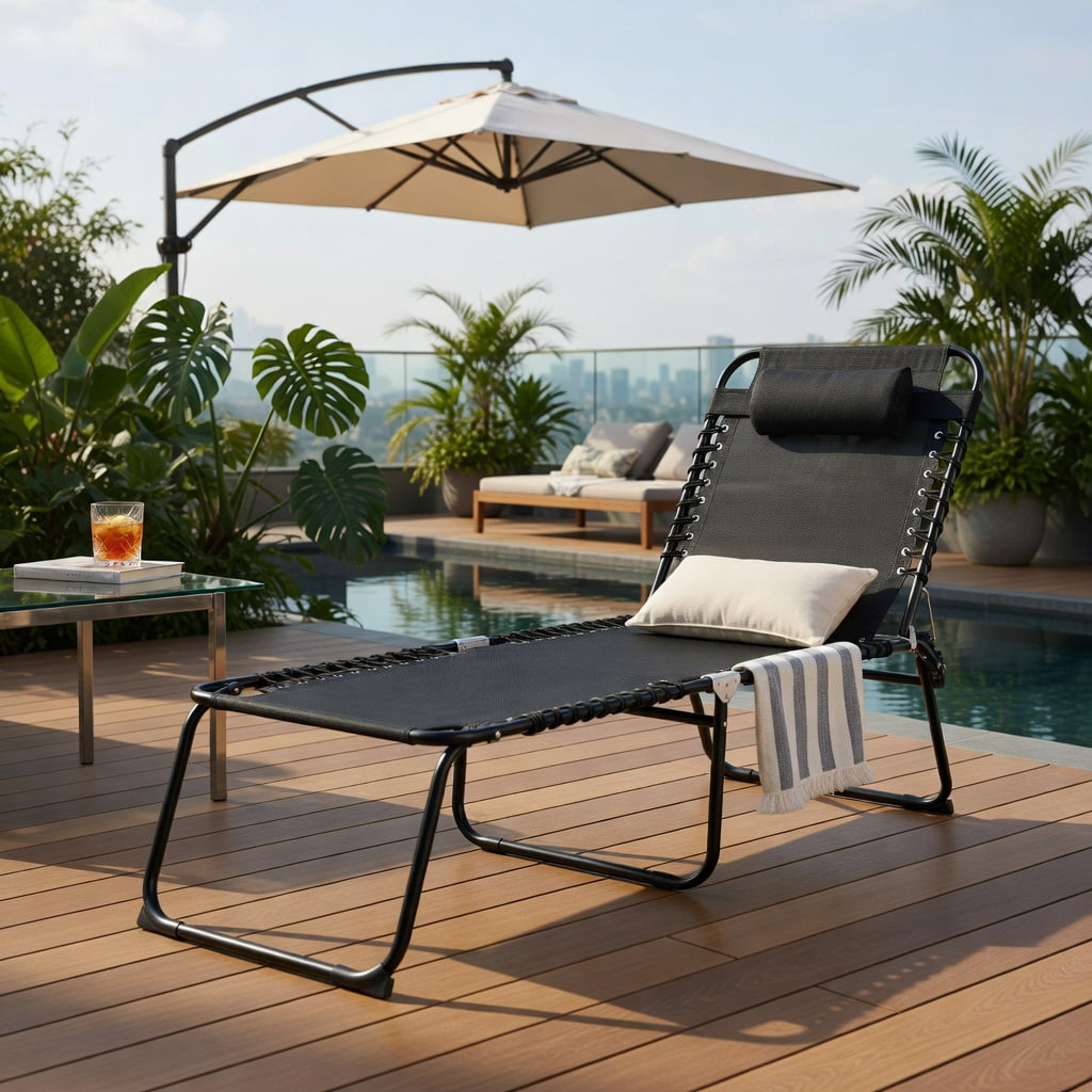 Hommoo Foldable Steel Beach Lounge Chair with Adjustable Backrest & Comfort Pillow, Heavy-Duty Outdoor Chaise for Patio, Lawn, Poolside, Black