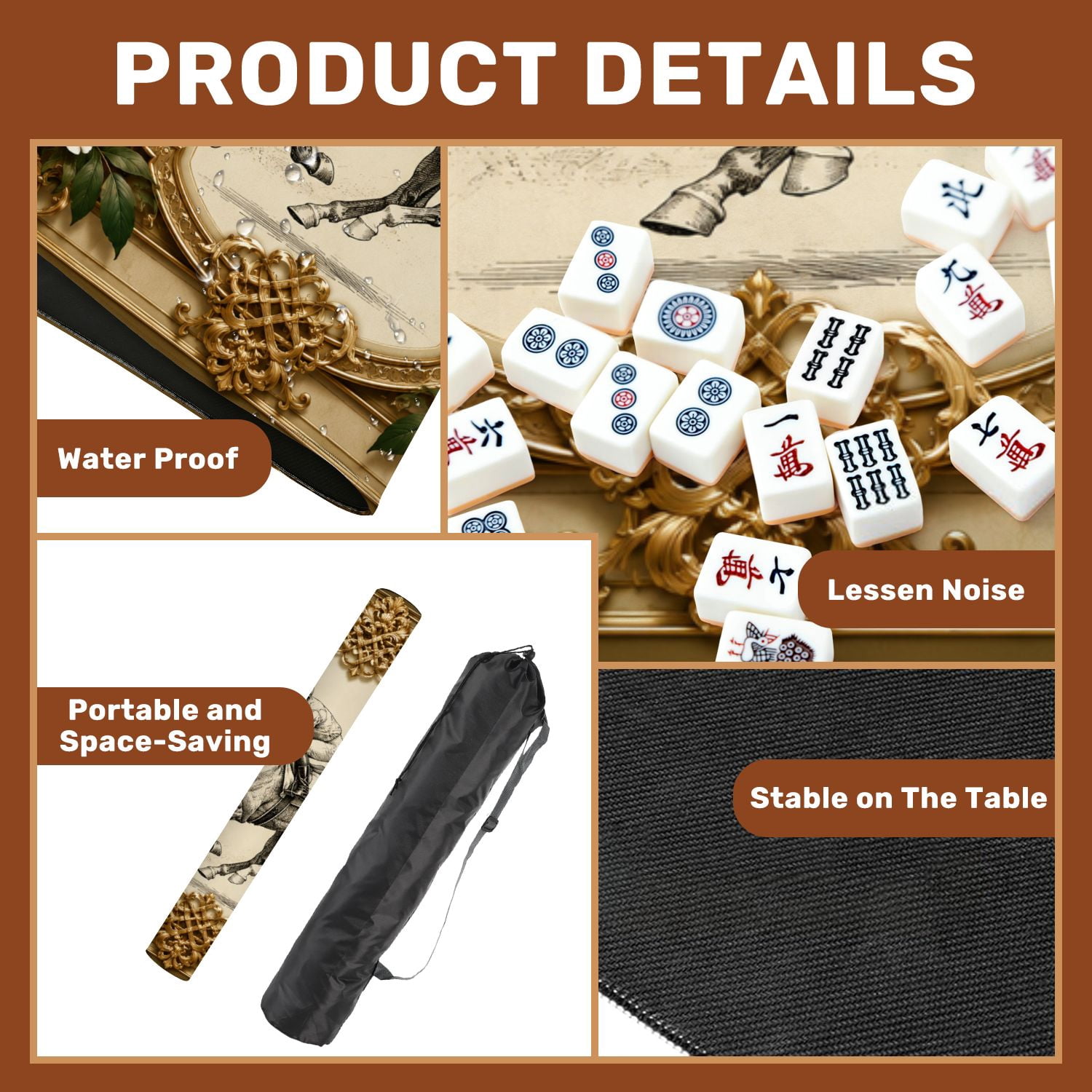 Mahjong Mat 31.5" x 31.5" Horse Jockey Vintage Equestrian Frame Non-Slip Noise Reduction American Mahjong Tiles Table Cover for Dominoes Poker Card Board Games Gift
