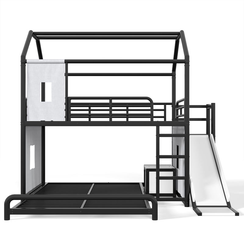 Full Over Full Metal Bunk Bed with Slide, Ladder, LED Light, Privacy Curtain and Movable Storage Cabinet, House-Shaped Kids Bunk Bed with Hanging Rod, No Box Spring Required