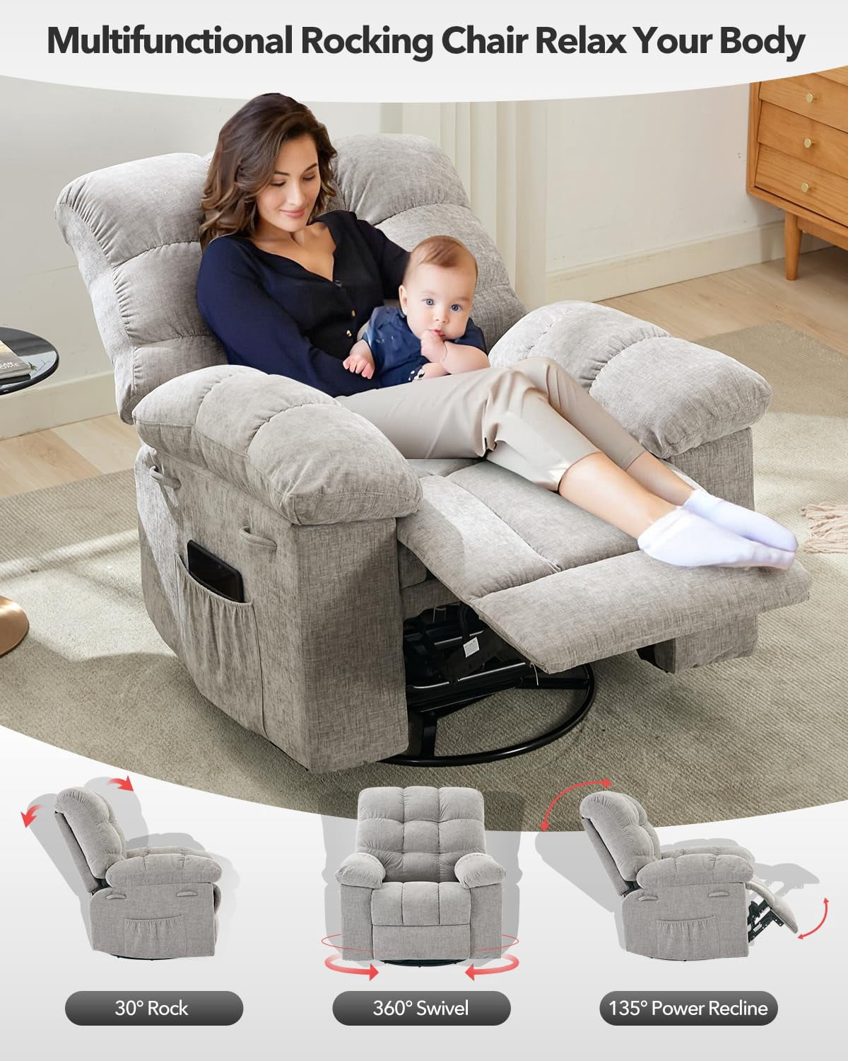 Swivel Rocking Recliner Chair, 360° Swivel 135° Tilt Glider Nursery Chair with Extra Large Footrest, Chenille Upholstery Q235 Steel Frame High Back Deep Seat for Living Room Bedroom Small Spaces