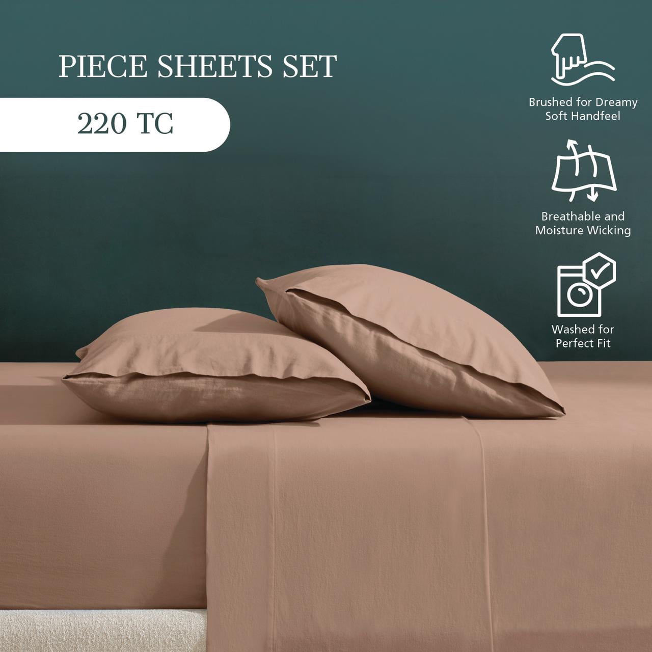 Mainstays 100% Cotton Dreamy Soft 4-Piece Bed Sheet Set, 220 Thread Count Brushed and Washed Sateen, Deep Pocket, King, Teddy Bear Brown