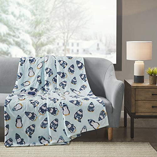 Beautyrest Plush Electric Blanket Throw for Cold Weather Multi-Level Heat Settings Controller, Secure Comfort Low EMF Technology and Auto Shut Off Safety, 60x70, Aqua Penguins