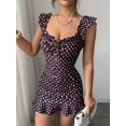 thumbnail image 3 of Brown Off-Shoulder Ruffle Hem Polka Dot Fitted Mini Dress With Tie Front And Smocked Waist, 3 of 7