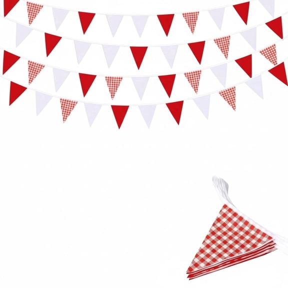 48 Red Plaid Triangle Pennant Banner - 4 Strings (12 Flags Each), 2.5m per String, Triangle Bunting Garland for Wedding, Birthday, Christmas, Festival, Outdoor & Indoor Decorations。