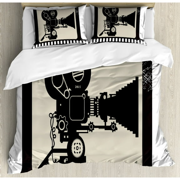 Movie Theater King Size Duvet Cover Set, Movie Frame Pattern with Silhouette of Movie Reels in a Projector, Decorative 3 Piece Bedding Set with 2 Pillow Shams, Dark Taupe Beige Black, by Ambesonne