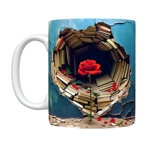 Rose Cup For Valentine's Day Rose Flower Cup That Through The Wall Interesting Printed Cup With Books And Flowers Valentine's Day Cups Ceramic Speckled Mug Acrylic Glassware Coastal 60s Drinking