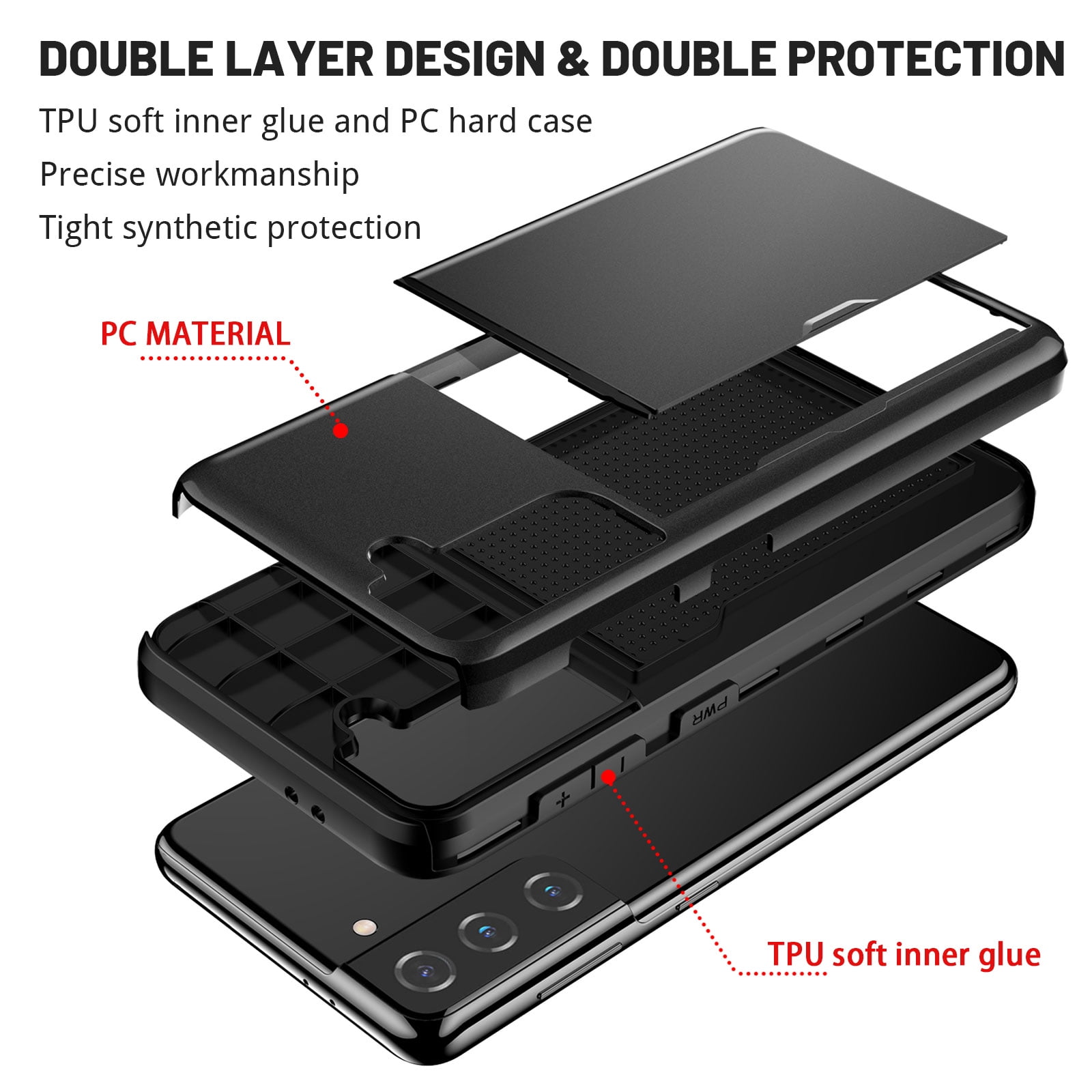 For Galaxy S22 Case Wallet with Slide Card Holder Slot Slim Dual Layer Heavy Duty Shockproof Hard PC Hybrid TPU Phone Case Flip Protective Cover for Samsung Galaxy S22, Black