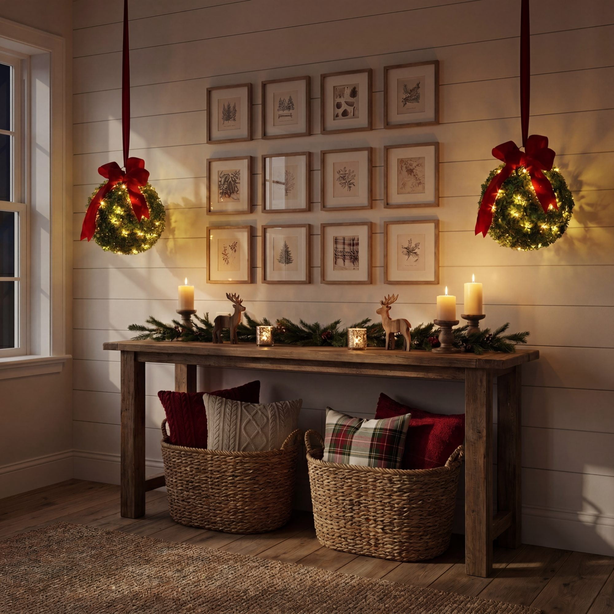 12in. Pre-Lit Artificial Christmas Hanging Boxwood Ornament Ball with Red Bow and 40 LED Lights