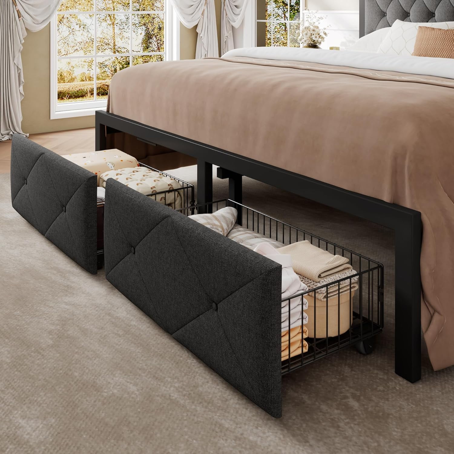 Honfach King Bed Frame with Storage Drawer, Metal Platform Bed with Charging Station, Upholstered Button Tufted Storage Headboard, Grey
