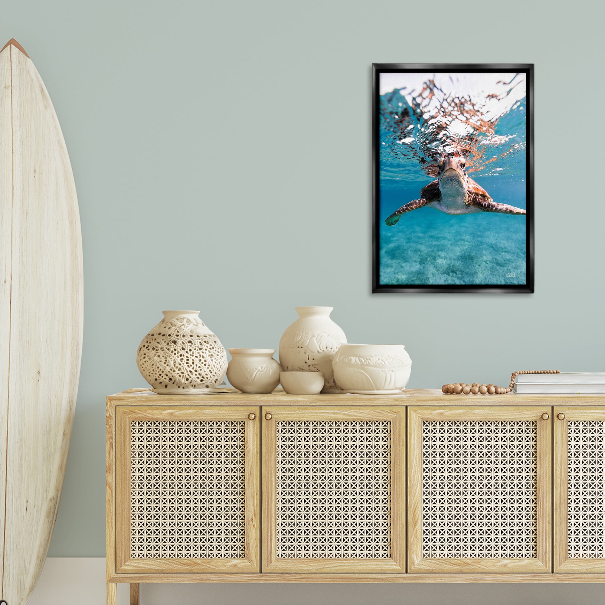 Stupell Industries Hello Sea Turtle Splash Animals Photography Black Floater Framed Canvas Art Print Wall Art, 21 x 31