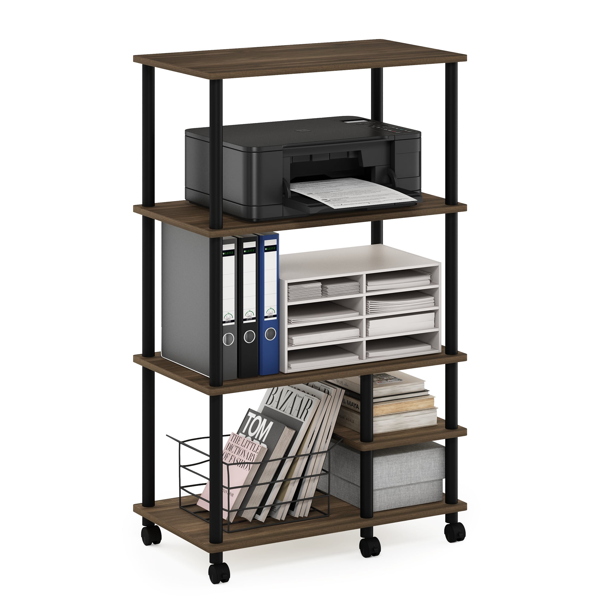 Furinno Turn-N-Tube 4-Tier Toolless Multipurpose Printer Stand Display Storage Shelf with Wheels, Columbia Walnut/Black