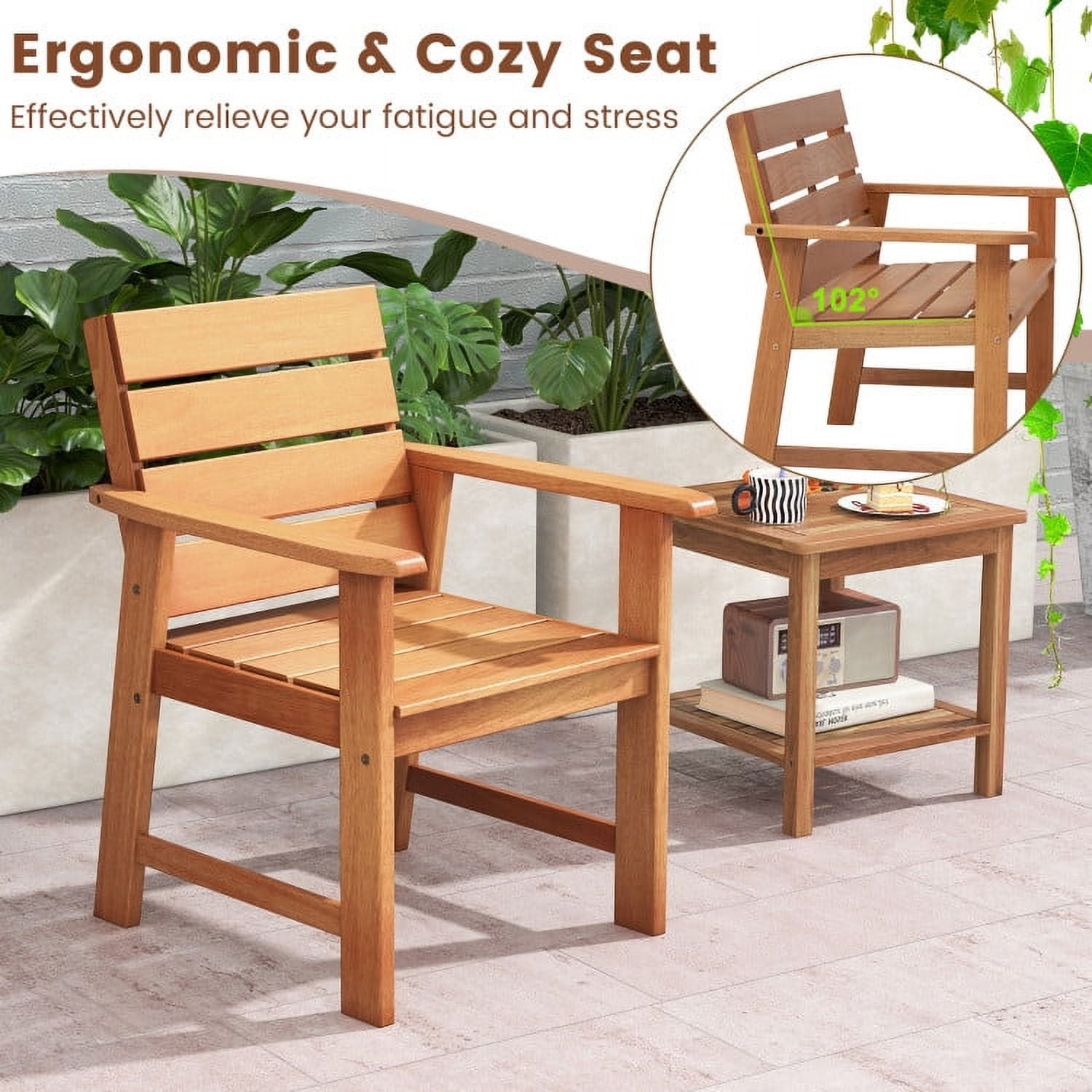 Aimee Lii 2 Piece Patio Hardwood Chair with Slatted Seat and Inclined Backrest, Outdoor Patio Set