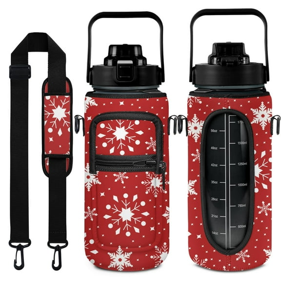Xams Snowflake 64 Oz Half Gallon Water Bottle with Sleeve - BPA Free Leakproof Sport Large Plastic Water Bottle with Straw & Time Marker & Insulated Neoprene Holder Carrier Bag Gift for Women Men