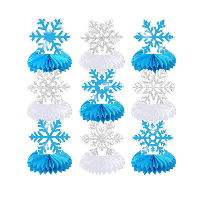 9 centros de mesa de copos de nieve con forma de panal para fiestas, con clips, temática de copos de nieve para gabinetes, restaurantes y recuerdos de azul