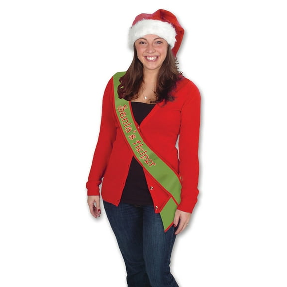 Beistle Pack of 6 Green and Red "Santa's Helper" Christmas Satin Sash Accessories  33"