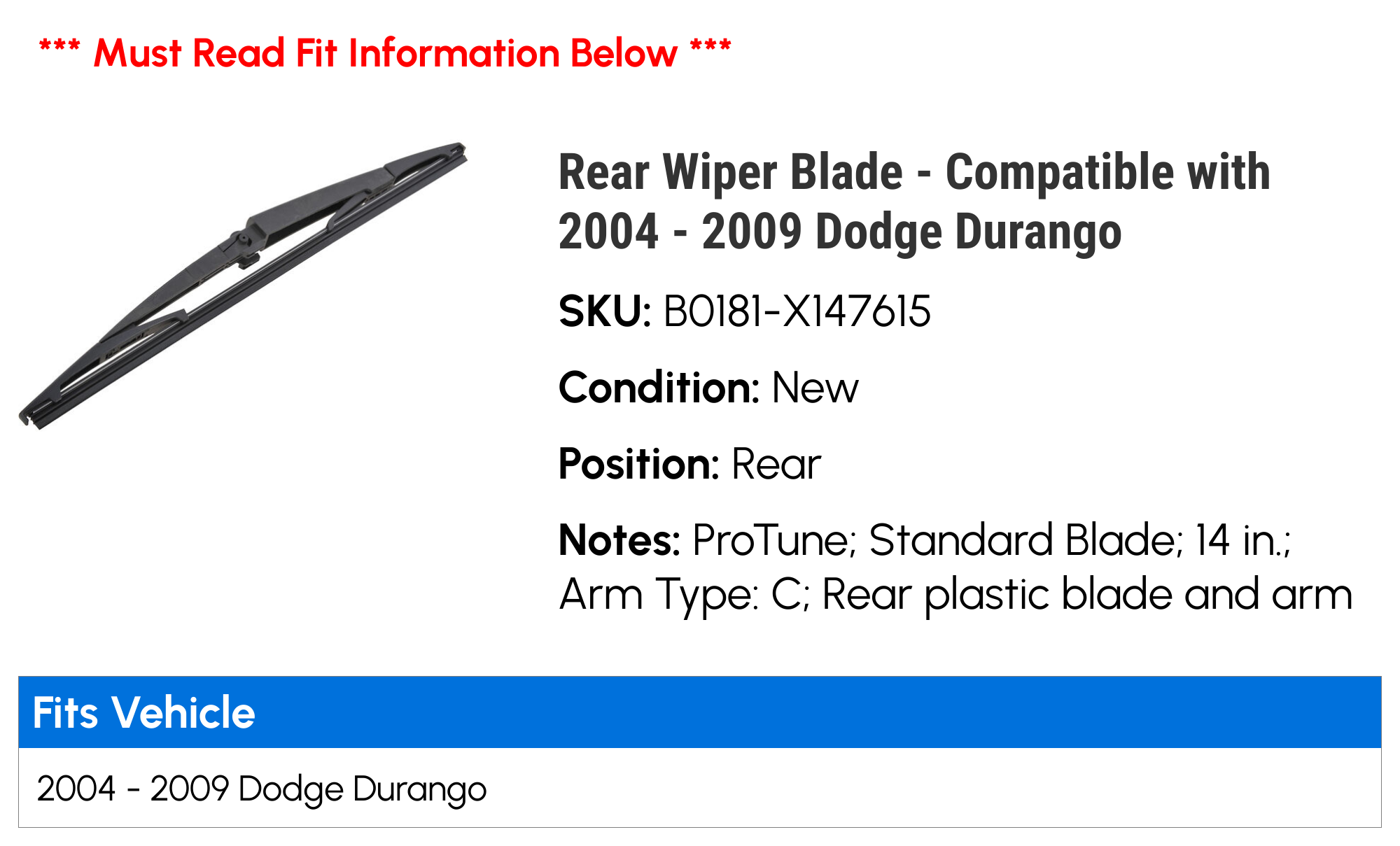 Rear Wiper Blade - Compatible with 2004 - 2009 Dodge Durango 2005 2006 2007 2008