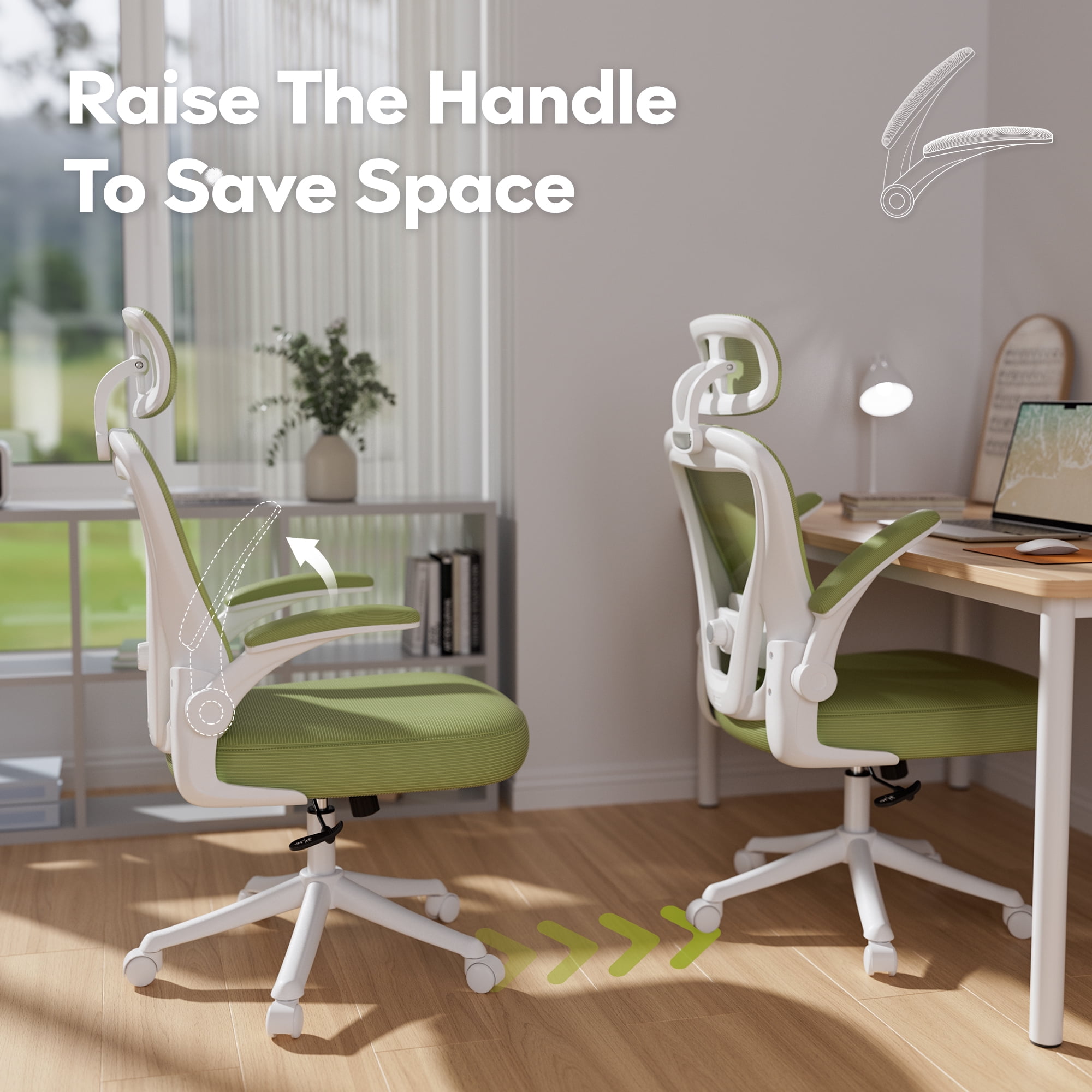 iooHug Ergonomic Mesh Office Chair with Adjustable Lumbar Support, Computer Desk Chair with Headrest, Flip-Up Arms, Green