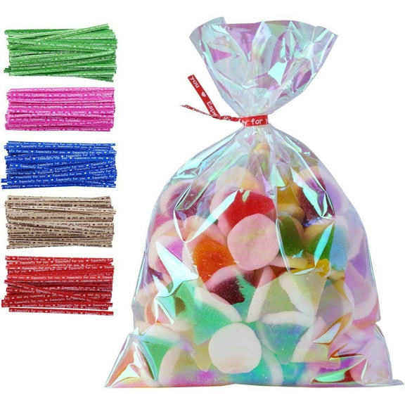 Hariumiu 100 Pcs Candy Bags Iridescent Clear Cellophane Party Bags with Twist Ties for Cookies Candy Treats Halloween Christmas Gift Bags