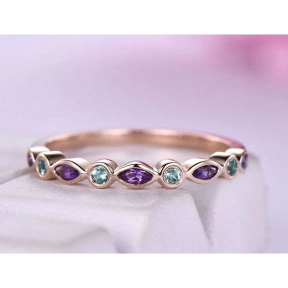 Amethyst Alexandrite Wedding Band Ring Art Deco Half Eternity Ring 925 Sterling Silver Rose Gold Plated Gemstone Jewelry For Women Gift
