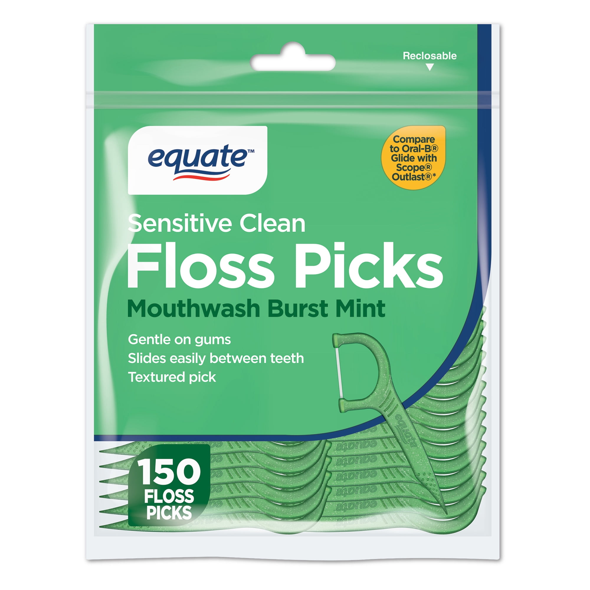 Equate Sensitive Clean Floss Picks, Mouthwash Burst Mint, 150 Count
