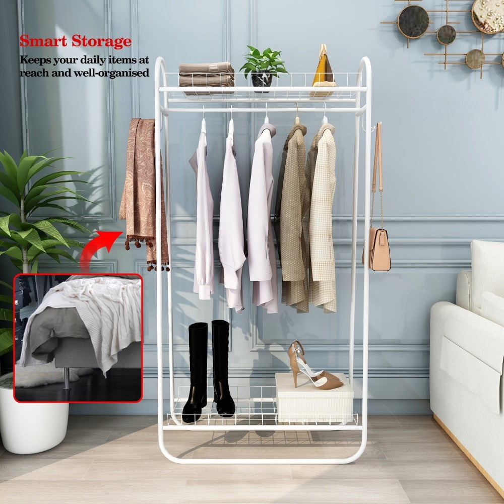 Heavy Duty Garment Rack, Freestanding Metal Clothes Rack with Double Shelves, 200 lbs Capacity, Portable Rolling Clothing Rack, White