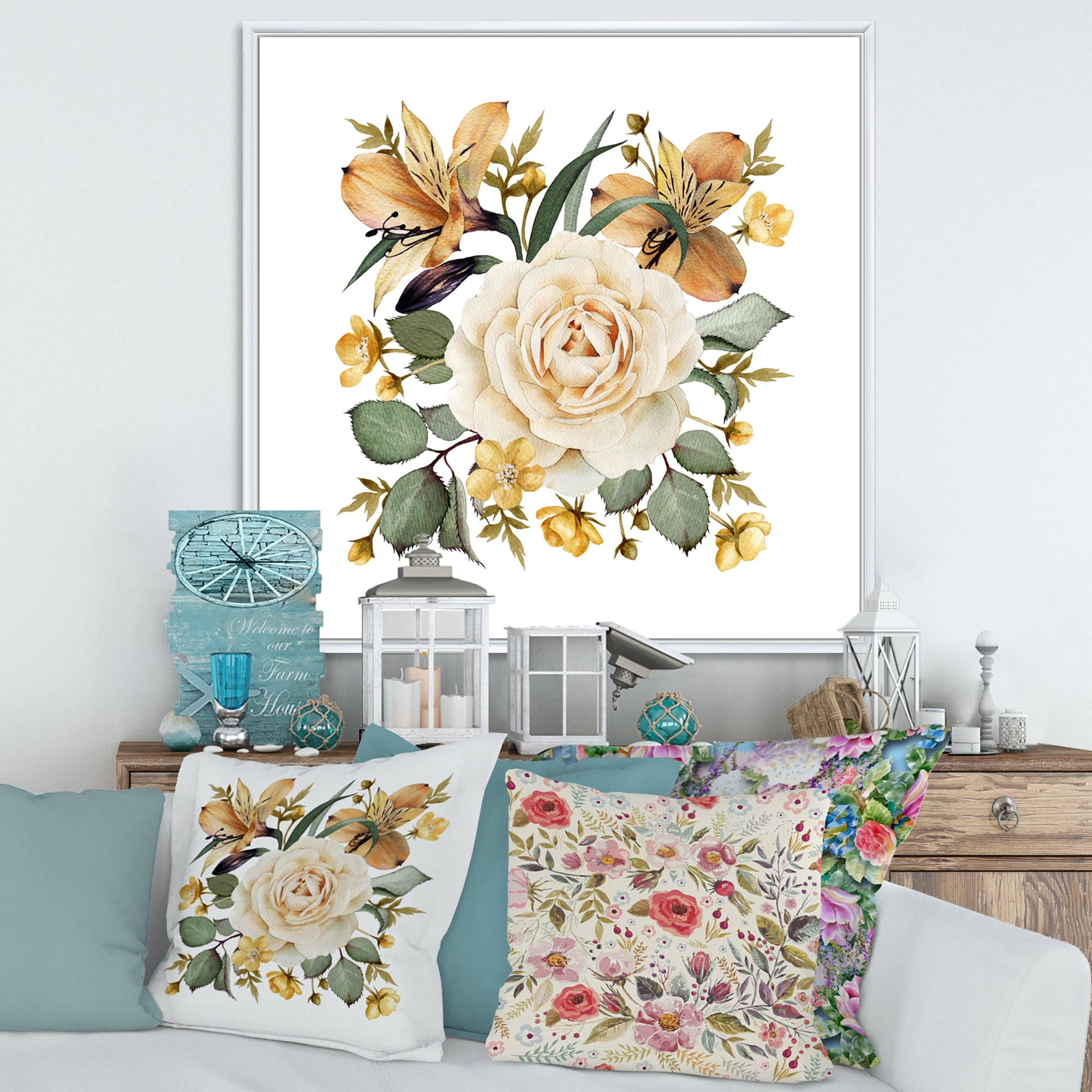 Designart 'Ancient White Rose' Traditional Framed Canvas Wall Art Print