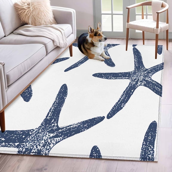 Navy Blue Starfish Coastal Area Rug 3x5 Washable Rug Non Slip Nautical Ocean Summer Beach Large Area Rug Indoor Floor Carpet for Entryway Bedroom Kitchen Living Room Home Office Dining Room Nursery