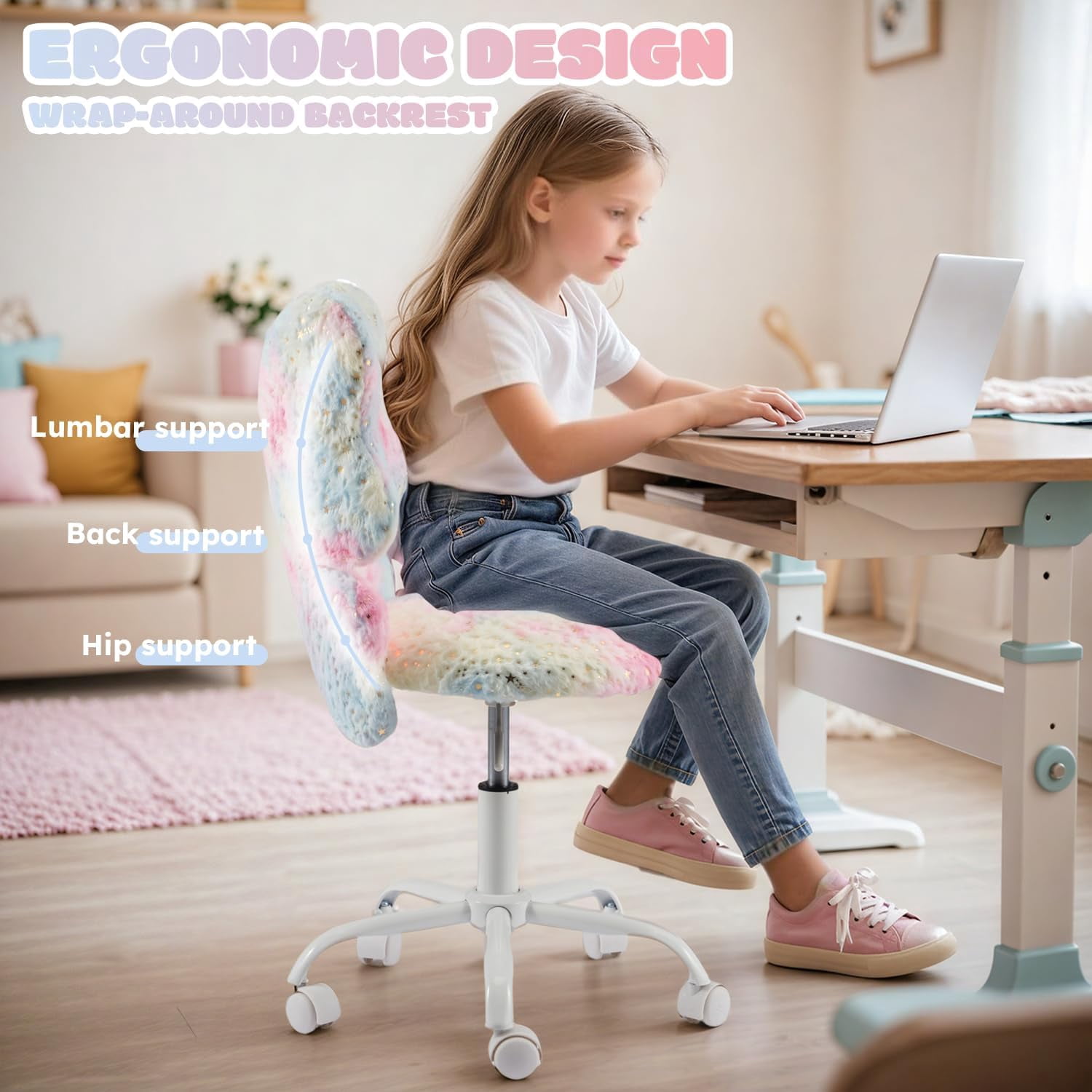 Kids Desk Chair with Butterfly Back,Cute Fluffy Desk Chair with Wheels for Girls,Faux Fur Swivel Vanity Chairs W/Adjustable Seat Height for Children Bedroom & Reading Room, Study/Vanity,Colorful Pink