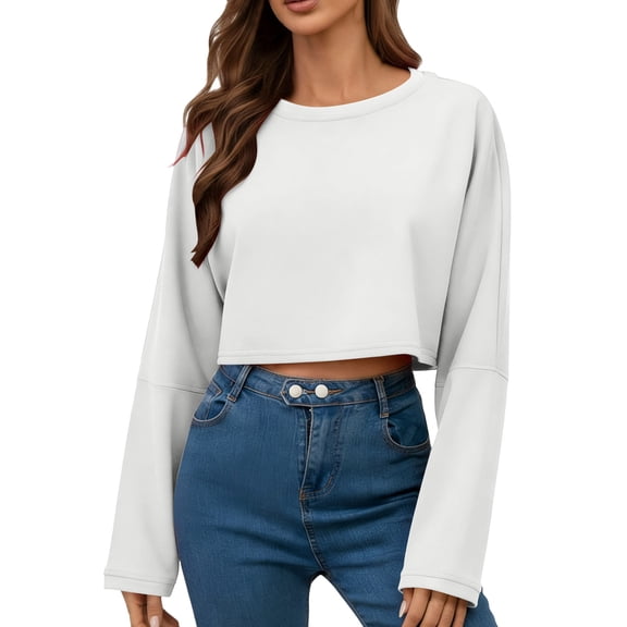BUIGTTKLOP Crop Tops for Women Long Sleeve Cropped Shirts Round Neck Tops Solid Color Loose Fitting Tees Tops