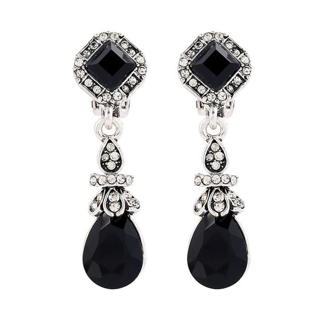 Vintage Earring Clips No Pierced Ear Clips Earrings Women Long Earrings (Black)