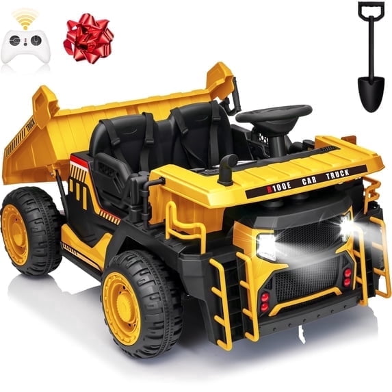 Sunnyfree 24V Ride On Dump Truck for Kids, 2 Seater Ride on Toys with Remote Control, Electric Dump Bed, 3 Speeds, Bluetooth Music, Yellow