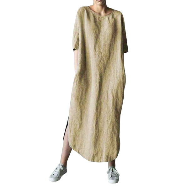Gibobby Vestido Causal para Mujer de Verano Moda mujer color sólido algodón y lino manga larga cuello redondo pliegue vestido casual(Amarillo,5XL)