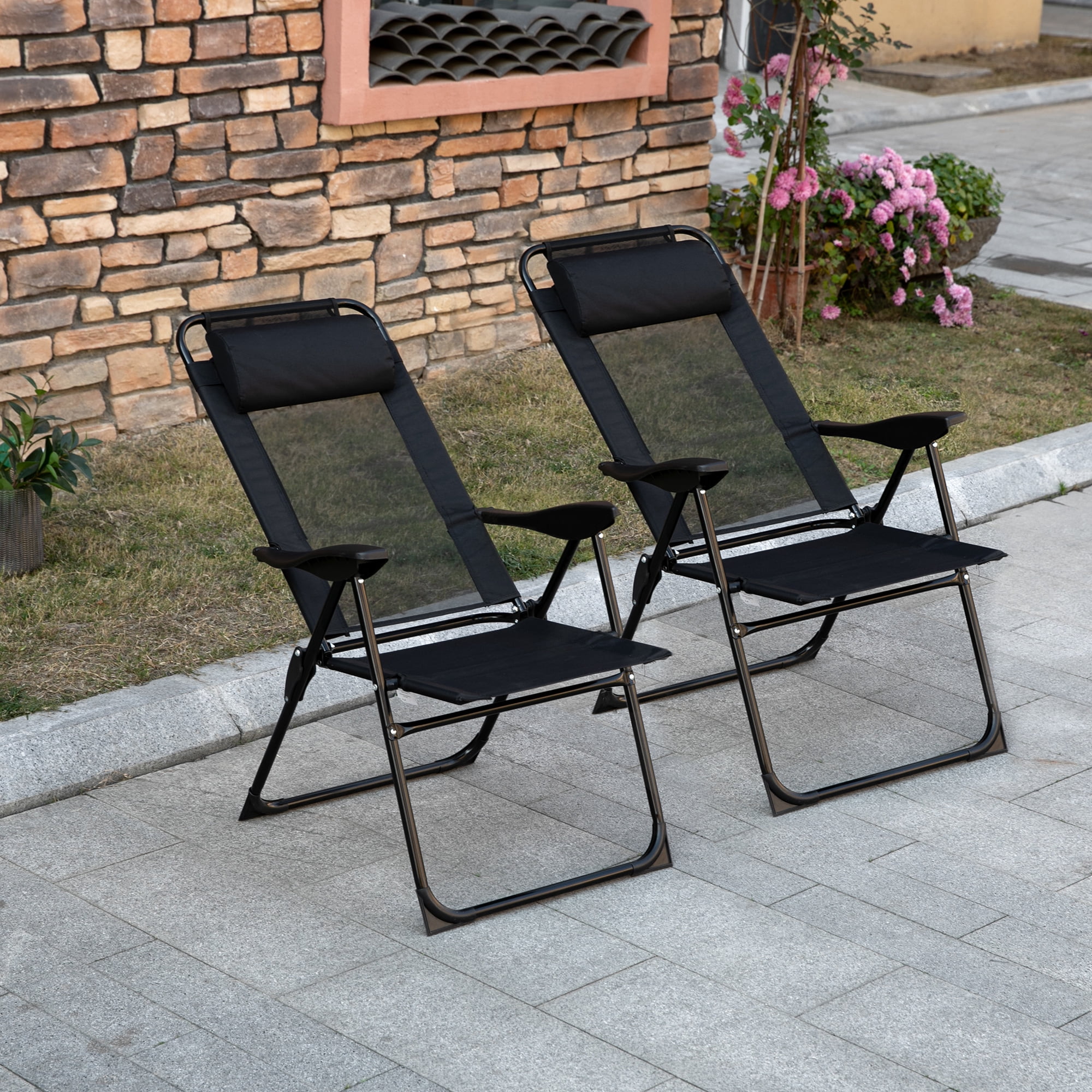 Folding Patio Chairs Set of 2, Outdoor Deck Chair with Adjustable Sling Back, Camping Chair with Removable Headrest for Garden, Backyard, Lawn, Black