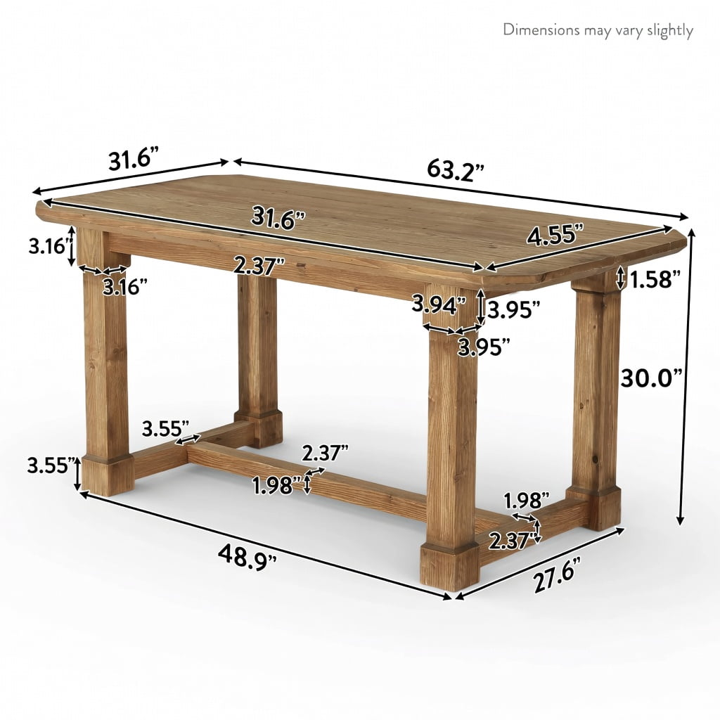Hommoo 63 Inch Solid Wood Farmhouse Dining Table for 4–6 People, Rustic Rectangular Kitchen Table with Heavy-Duty Square Legs & Reinforced Crossbar Support, Natural