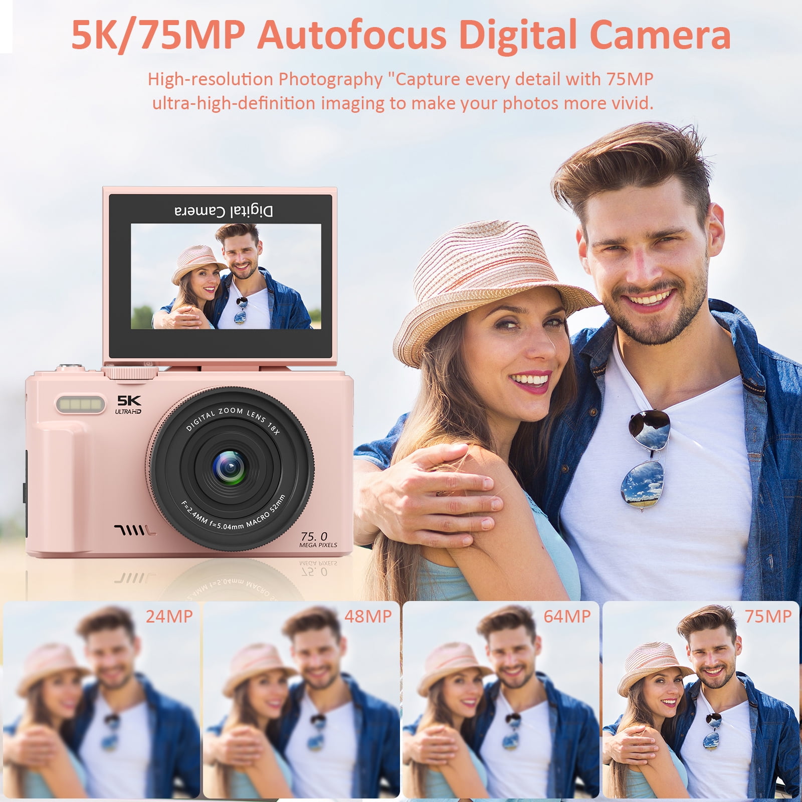 XLURC 5K Digital Camera for Photography with Wifi, 75MP Vlogging Camera for YouTube with 3" 180° Flip Screen, 18X Digital Zoom with 32GB Micro SD Card & 2 Batteries (Pink)
