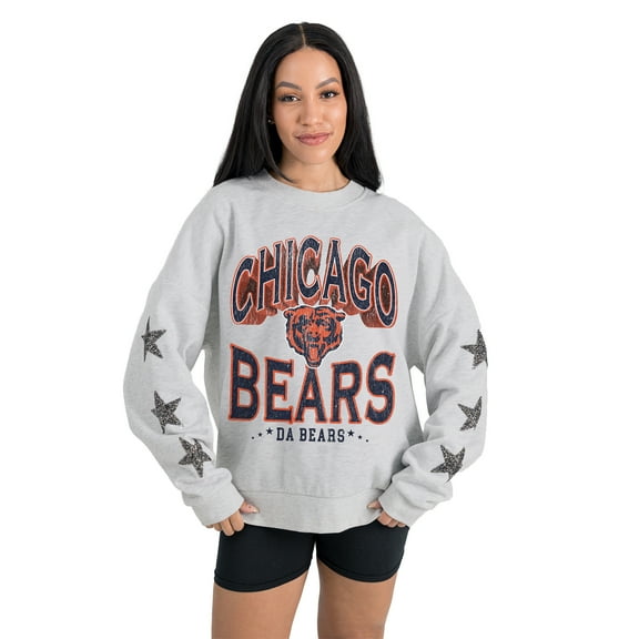 Women's Gameday Couture  Ash Chicago Bears Resilience Relaxed Rhinestone Pullover Sweatshirt