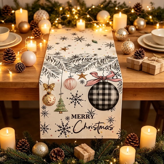 Hvmvliv 12x71 Inch Christmas Linen Table Banner with Festive Holiday Patterns for Dining Table Home Party Table Runners Decoration Multicolor