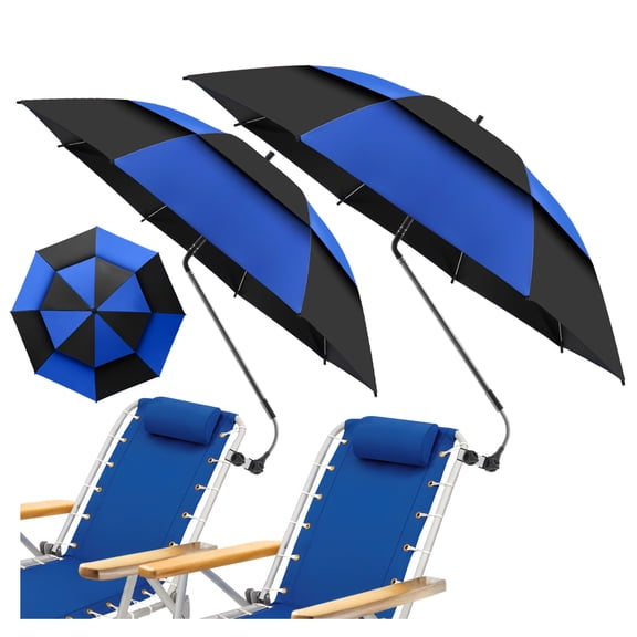 2 Pack 48.6" Double Canopy Umbrella with Clamp, UPF50  Beach Chair Umbrella with clip, 360°Adjustable Portable Outdoor Wheelchair, Patio, Golf Carts,Camping(Blue / Black, Not Include Chair)