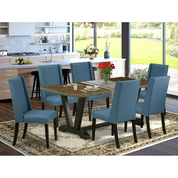East West Furniture V677FL121-7 7-Piece Beautiful Rectangular Dining Room Table Set a Good Distressed Jacobean Kitchen Rectangular Table Top and 6 Amazing Linen Fabric Parson Dining Chairs with...