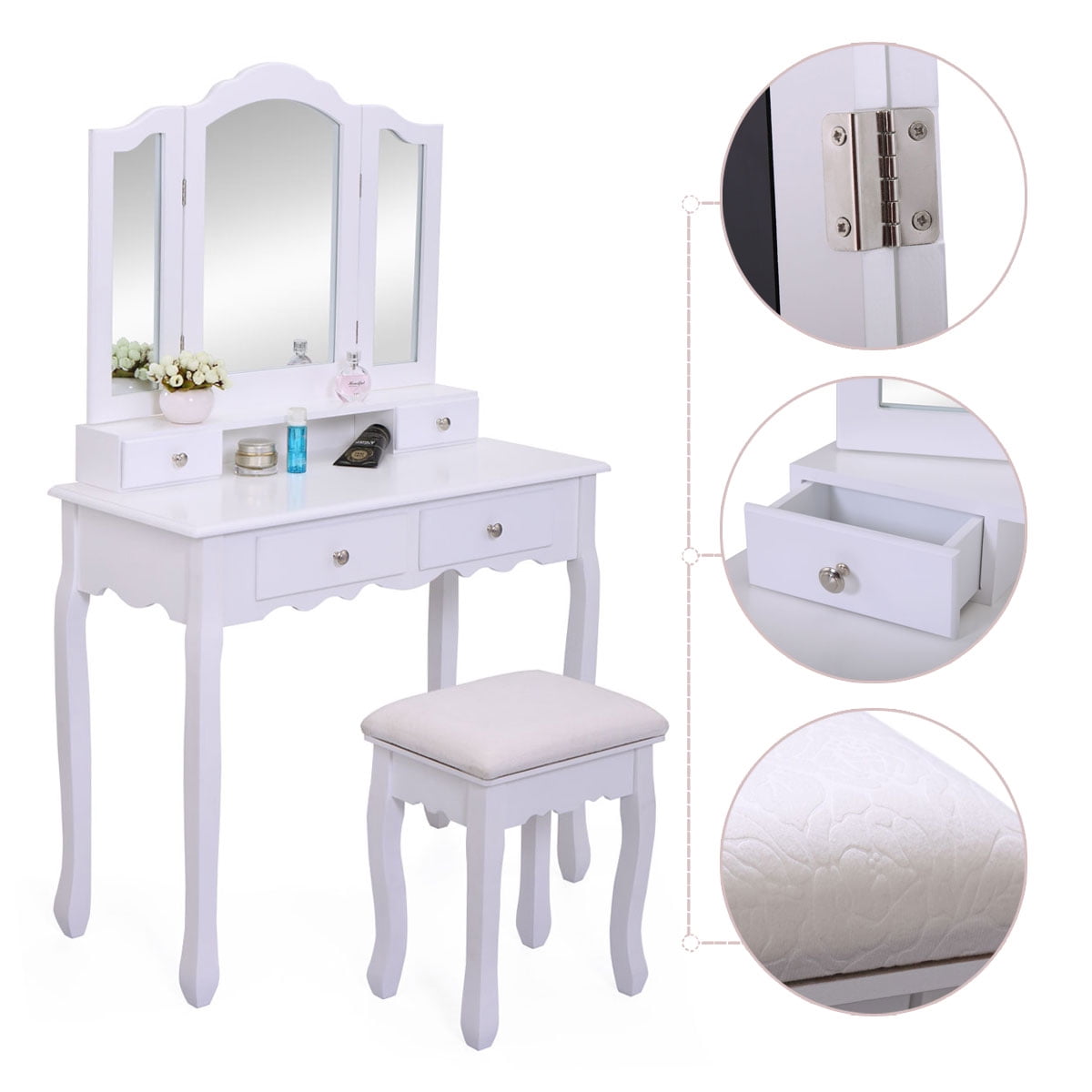Lowestbest Dressing Table Vanity with Cushioned Stool, White Wooden Dressing Vanity Table Desk for Bedroom, Bathroom, Closet, Hallway, Makeup Table with 3 Mirrors and 4 Storage Drawers Lowestbest Dressing Table Vanity with Cushioned Stool, White Wooden Dressing Vanity Table Desk for Bedroom, Bathroom, Closet, Hallway, Makeup Table with 3 Mirrors and 4 Storage Drawers