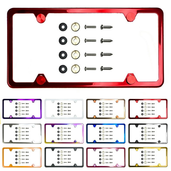 Slim 4 Holes Style Powder Coated Candy Red Stainless Steel License Plate Frame with Aluminum Screw Cap